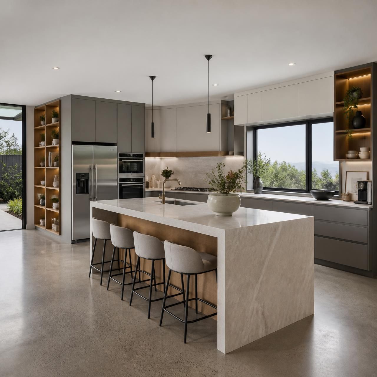 Completed contemporary fitted kitchen with stone island by Urban Edge Joinery
